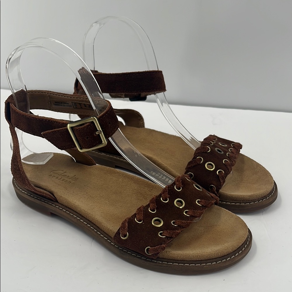 Clarks Artisian Corsio Amelia Suede Brown Leather Comfort Sandals Grommet 6